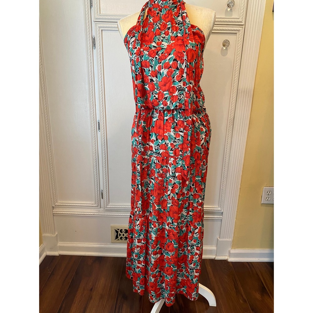 Red Floral Halter Maxi Dress Tiered Sleeveless Summer Sundress Medium